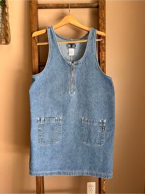 90s True Blue Light Wash Denim Pinafore Jumper Dress with Front Zip